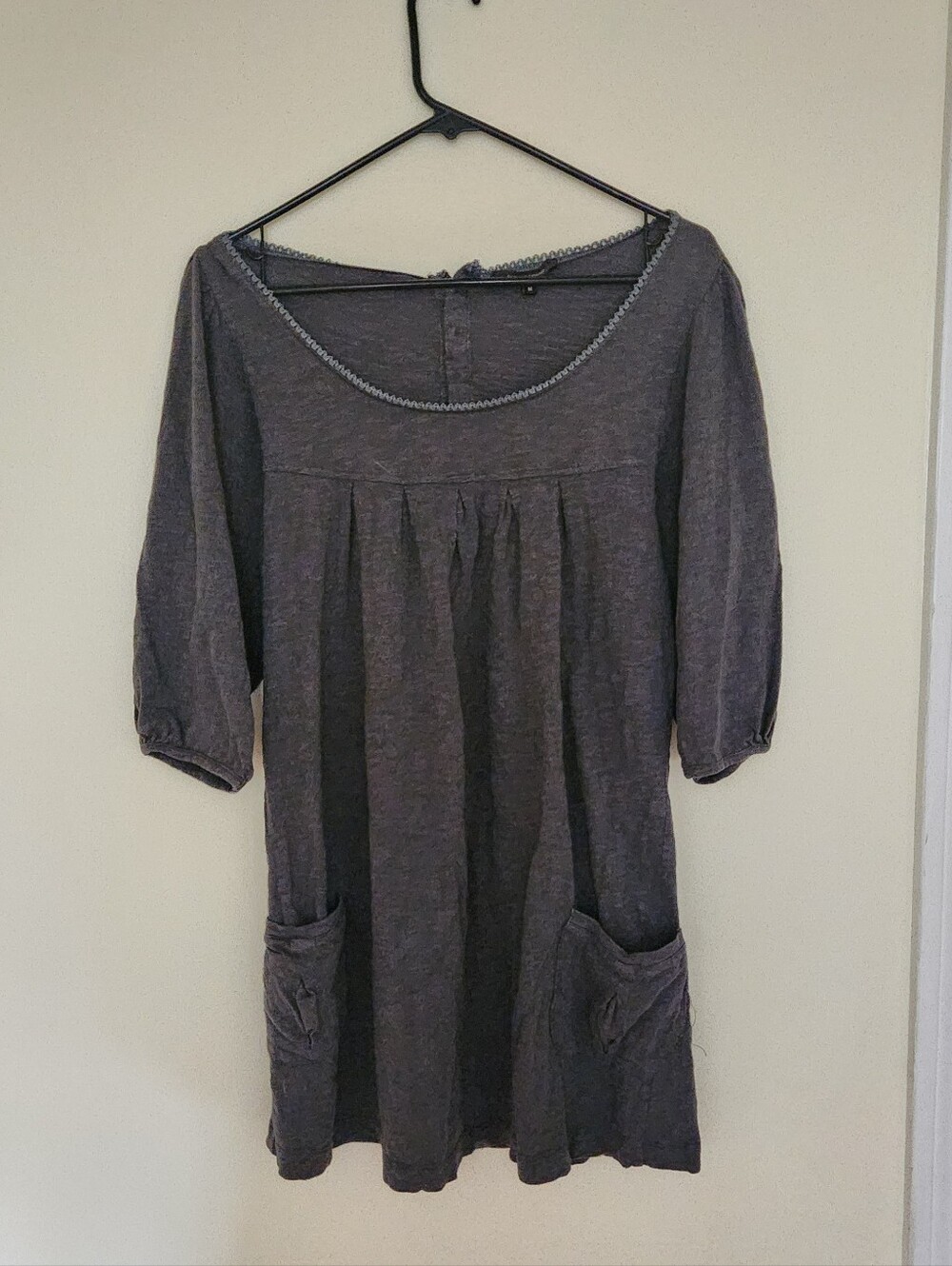Second Female 100% Cotton Grey Babydoll Puff Sleeve Tunic Pockets Peasant Y2K M